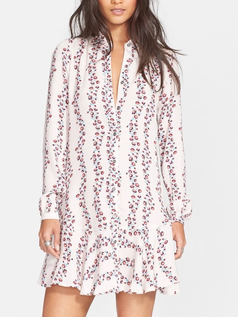 Free People Floral Button Front Shirt Dress Mini Pink Long Sleeve Boho Women's M